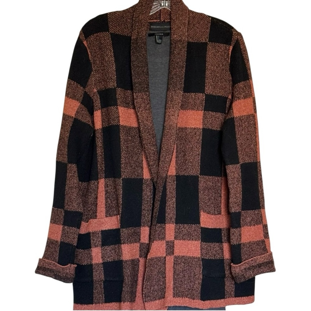 Preswick & Moore Plaid Open Front Cardigan Jacket Black Rust Check Knit Pockets - Picture 5 of 10